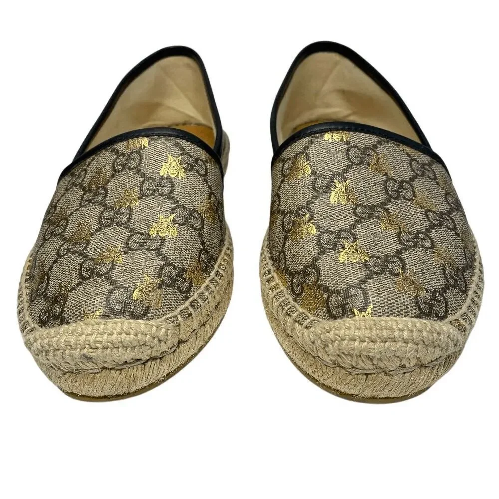 Gucci Pilar Espadrille Flats EU 38.5 US 8.5 GG Supreme Bee Logo Beige Slip Ons